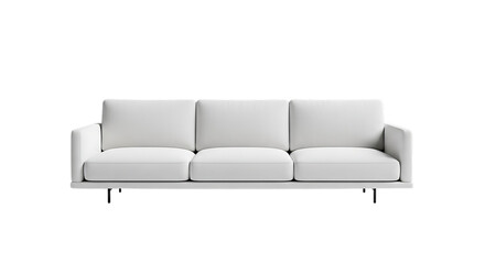 Fototapeta premium A modern white three-seater sofa with minimalist design and sleek metal legs viewed from the front.