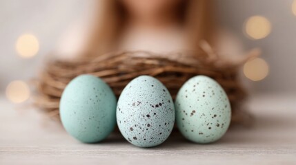 Delicate speckled blue Easter eggs are arranged in a natural twig nest  The softly blurred background features warm bokeh lights creating a cozy and festive atmosphere perfect for spring celeb ns
