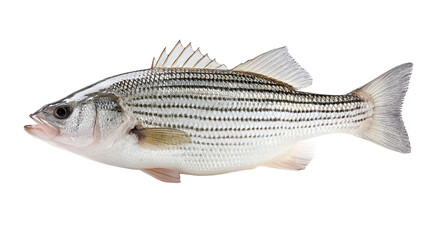 Obraz premium Fresh Striped Bass Fish Isolated on White Background with Detailed Scales