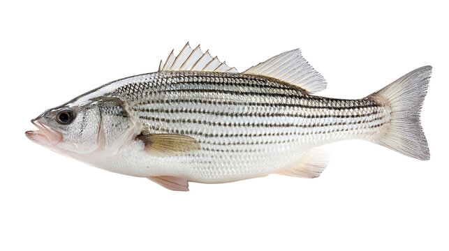 Fresh Striped Bass Fish Isolated on White Background with Detailed Scales