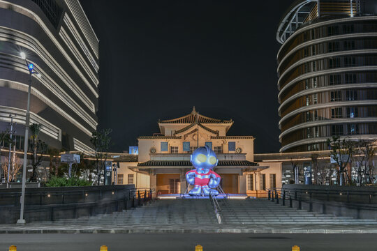 Kaohsiung, Taiwan, February 16, 2026: Landscape View Of Beautiful Train Station With Japanese Anime Figure Ultraman During Lantern Festival, Kaohsiung Wonderland