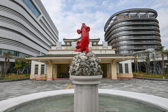 Kaohsiung, Taiwan, February 16, 2026: Landscape View Of Beautiful Train Station With Japanese Anime Figure Ultraman During Lantern Festival, Kaohsiung Wonderland
