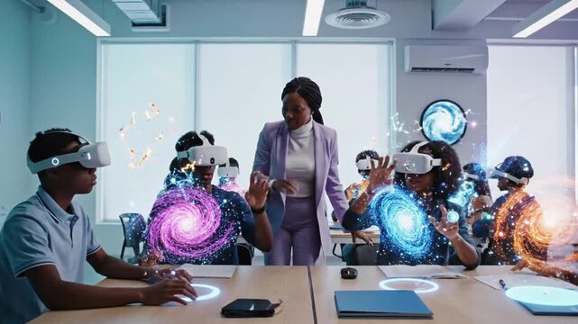 Students wearing virtual reality headsets in a futuristic classroom with a teacher guiding an interactive lesson
