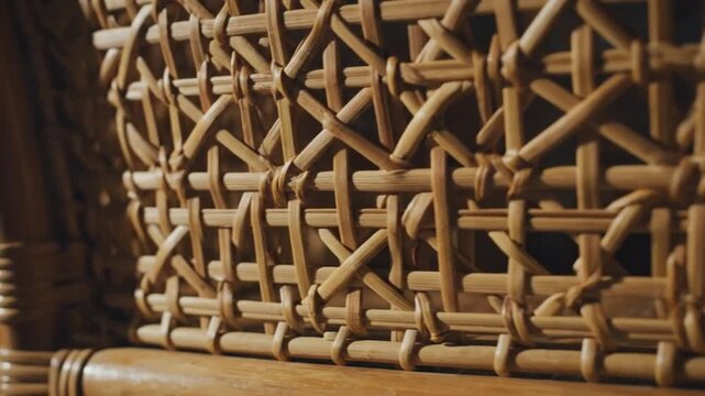 Woven wicker lattice pattern on wooden chair frame close up