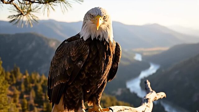 Majestic Bald Eagle Perched on a Branch Overlooking a River Valley at Sunset