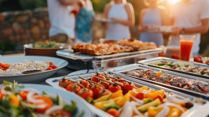 Obraz premium A vibrant outdoor buffet features a variety of freshly prepared dishes including pizza grilled meats salads and colorful vegetables set against a backdrop of a sunlit social gathering