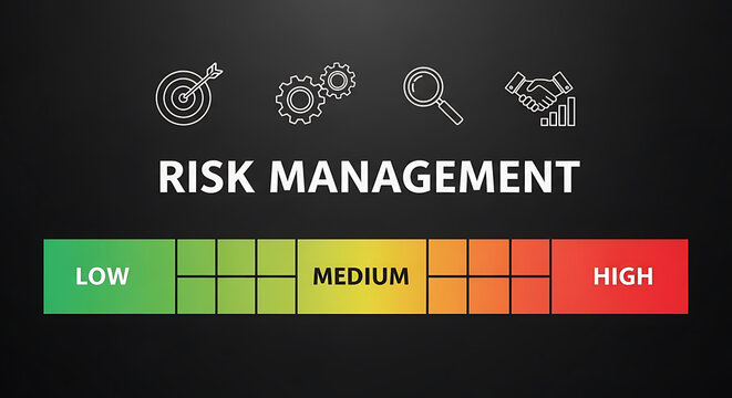 Risk management concept with low medium high levels on black background