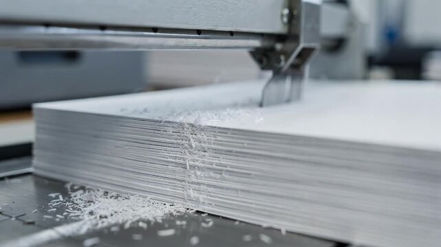 Cutting machine blades crisply framed as they slice zines from stacked sheets with blurred workshop elements highlighting the ondemand micro print workflow.