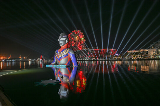 Kaohsiung, Taiwan, February 16, 2026: Landscape View Of Beautiful Harbor With Japanese Anime Figure Ultraman During Lantern Festival At Night, Kaohsiung Wonderland, Yancheng