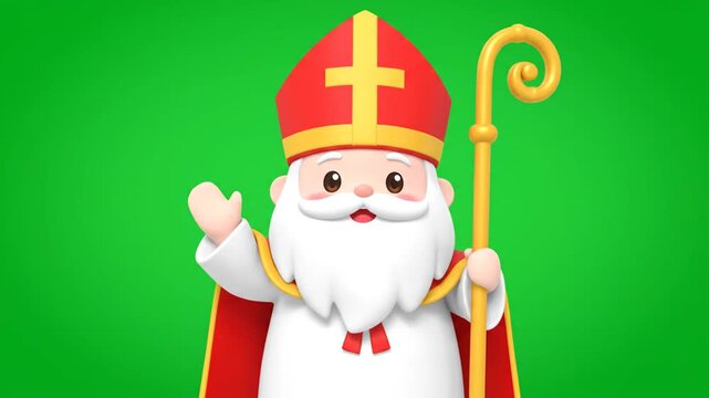 3D Cute Kawaii Cartoon Sinterklaas Character in Red Hat with Golden Staff Waving Hand on Green Screen Background for