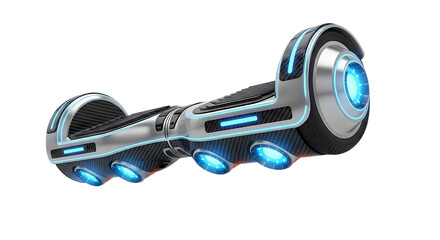 Futuristic hoverboard glides smoothly through a sleek, modern environment, showcasing advanced technology and innovative design from a side viewpoint.