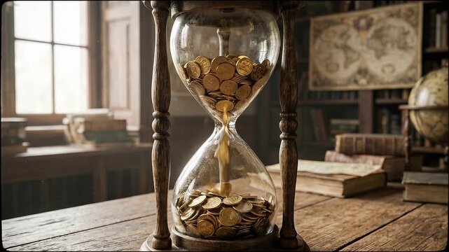 Vintage hourglass with gold coin on wooden desk, powerful metaphor for time, wealth, value, and opportunity in classic library