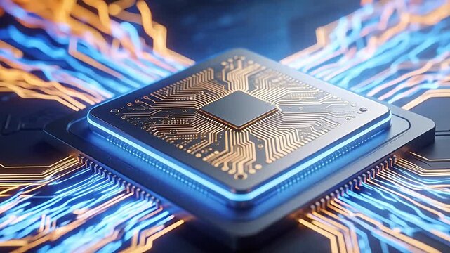 Futuristic AI processor chip with glowing blue and gold circuitry on advanced motherboard &mdash; high-tech semiconductor technology, quantum computing concept, digital innovation background