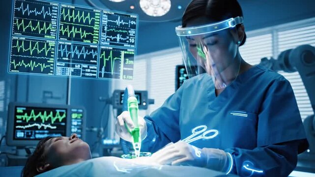 Surgical procedure in operating room with clinician and devices
