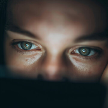 Intense eyes reflect the digital glow of a screen in darkness.