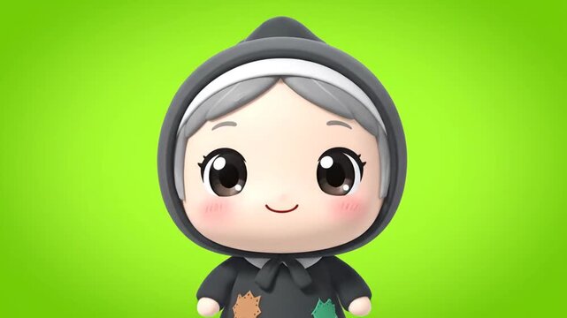 3D Kawaii Cartoon Character on Green Screen Background with Gray Hood and Patched Clothing Animated Cute and Charming