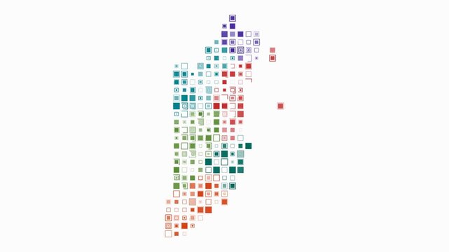 Belize map animation. Shape of the country with pulsating colored dots. Large size square blocks. Digital style Belize map on white background. Awesome video.