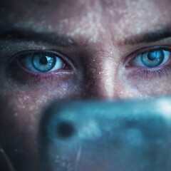 Naklejka premium Intense blue eyes reflect a phone screen, showing deep digital focus.