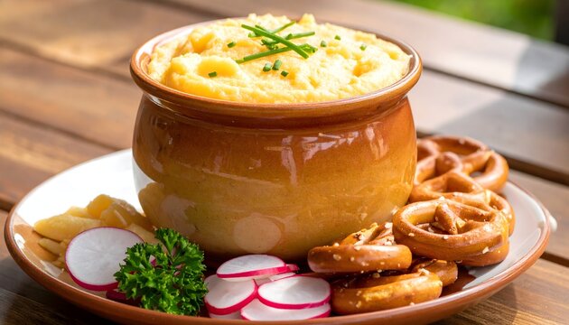 Obatzda Bavarian Beer Cheese Spread with Fresh Pretzels Close Up