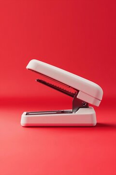 A mini stapler open with staple slot on solid red background, rubber base grip.