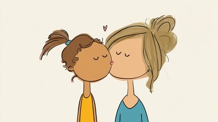 Mothers Day, Valentines Day, love holiday theme. Two animated girls, one wearing a yellow dress and the other a blue dress, sharing a tender kiss against a white background.