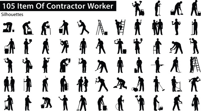 Set of Contractor Worker Silhouettes, Professional Builders and Handymen in Action for Construction Engineering Renovations and Manual Labor Project Designs