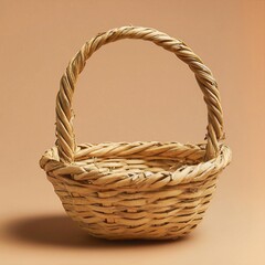 Obraz premium Small woven reed basket handle up on solid natural tan background, fiber split subtle.