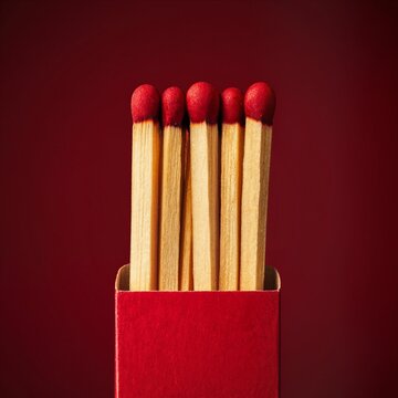 Matchbox striker side with matches protruding on solid fire red background, head phosphorous swell.