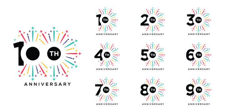 Set of collection 10 to 100 anniversary logo design. Years fireworks celebration 10 to 100 logo icon vector set bundle. Bithday party festival holiday logo symbol concept