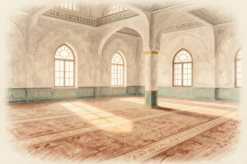 Obraz premium Pencil : Mosque Interior with Natural Light Illuminating Prayer Space