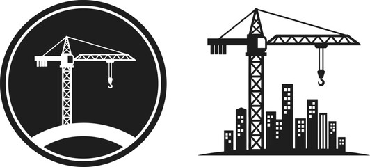 Set of Industrial Construction Crane Icons with City Skyline, Professional Vector Silhouettes for Civil Engineering Real Estate and Building Development Projects © Mou