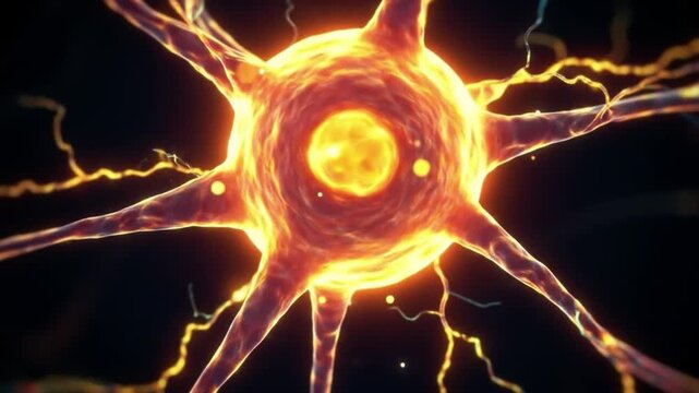 A detailed 3D render of a neuron cell with glowing orange dendrites and a bright nucleus on a dark background. Perfect for science, biology, and educational materials.