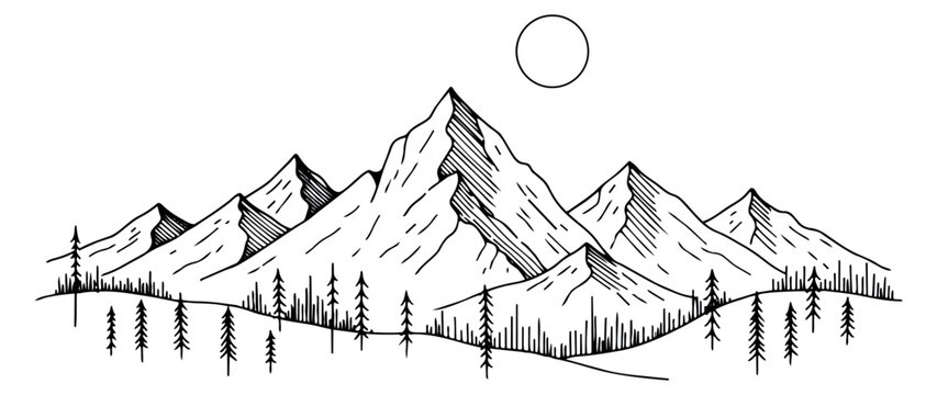 Hand drawn line art illustration of a mountain range depicting a serene natural landscape with pine trees and a circular sun for wilderness and outdoor themed designs