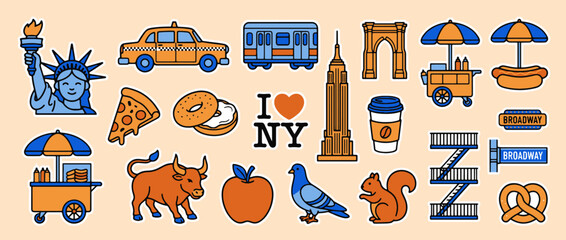 New York City Iconic Symbols: A vibrant array of illustrations showcasing the unique and memorable symbols of New York City, encapsulating its culture, attractions, and unmistakable charm. © Saiid-Designs