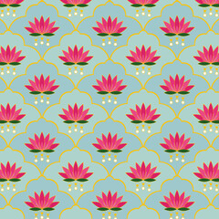 Seamless floral pattern with red and pink lotus. Vibrant Lily flower pattern for packaging, textile, fabric, digital design, wrapping, print, apparel, decoration, gift, poster. © Avril