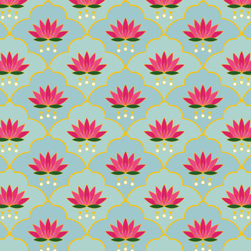 Seamless floral pattern with red and pink lotus. Vibrant Lily flower pattern for packaging, textile, fabric, digital design, wrapping, print, apparel, decoration, gift, poster.