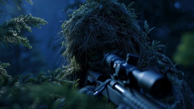 Sniper in camouflage ghillie suit aiming through rifle scope in forest at night.