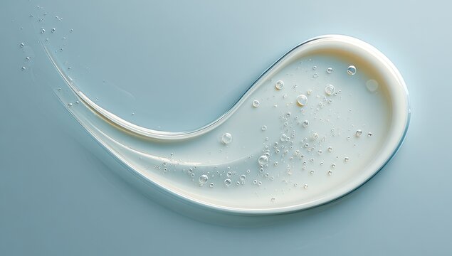 Glistening cosmetic gel swatch with tiny air bubbles on a light blue background