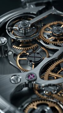 Close-up view of intricate mechanical watch movement with visible gears and springs.
