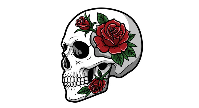 Illustration of Skull with Red Roses.