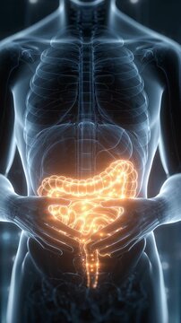 Detailed medical illustration showing human digestive system with highlighted intestines.