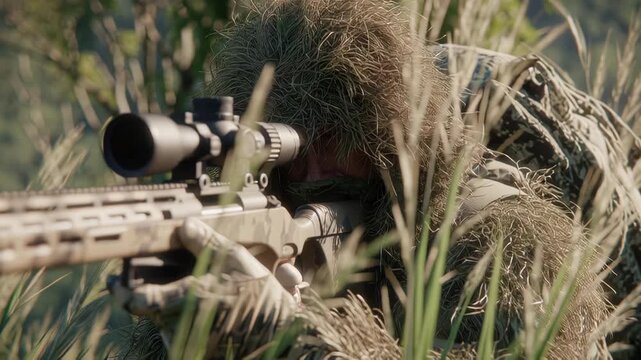 Camouflaged sniper aiming through rifle scope in tall grass.