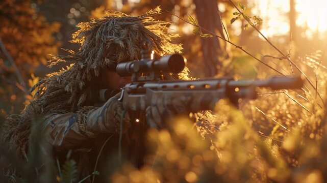 Camouflaged sniper aiming through scope in autumn forest during golden hour.