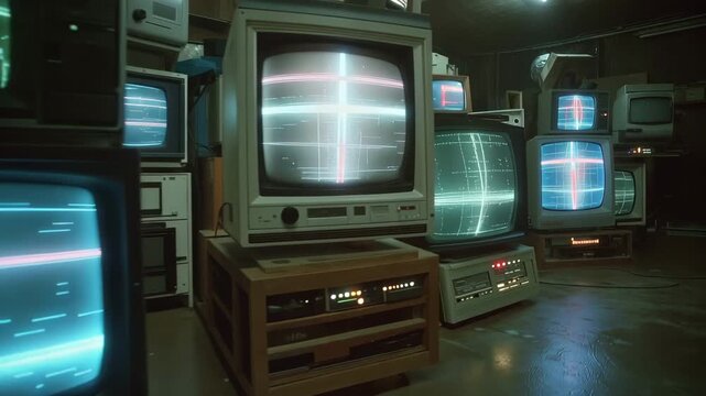 A dark room with a stack of vintage cathode-ray tube monitors. Electronic interference and distorted crosshair pictures are displayed on several displays.