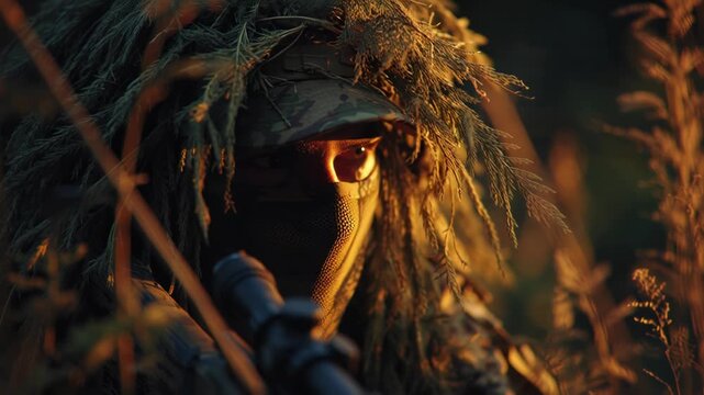 Camouflaged sniper in ghillie suit aiming rifle in tall grass during sunset.