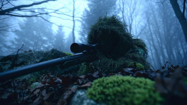 Sniper camouflaged in forest with moss and fog during hunting.