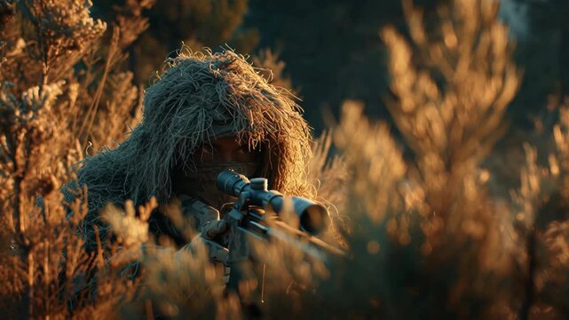 Camouflaged sniper in ghillie suit aiming rifle in tall grass during golden hour.