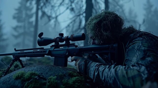 Camouflaged sniper aiming through scope in dense forest during twilight.