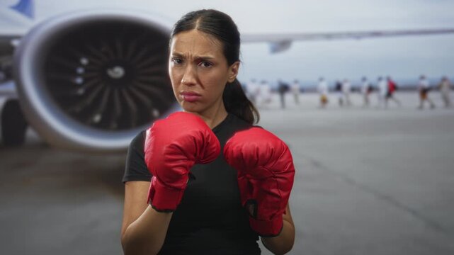Woman in airport tarmac with red boxing gloves raised in guard position near jet engine, facing camera; determination grit.