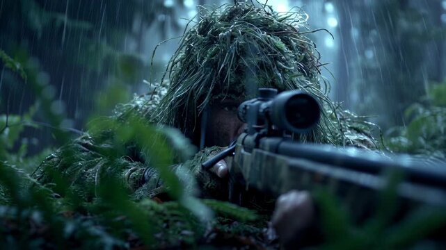 Soldier in camouflage aiming sniper rifle in dense forest during rain.